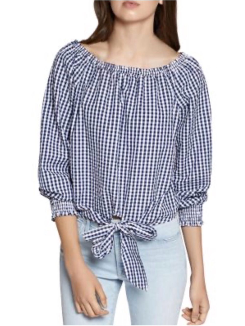 Sanctuary Black & White Gingham Off-Shoulder Tie-Front Blouse